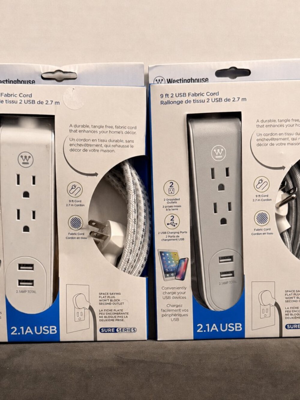 Westinghouse 9FT USB Fabric Extension Cord – 2.1A USB (Sure Series) NWT